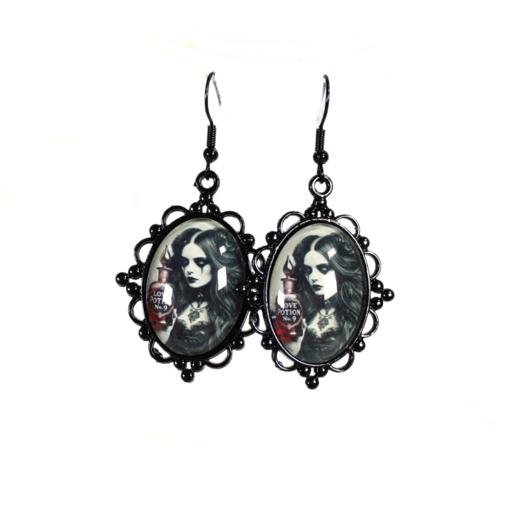 Gothic Victorian Witch Cameo Earrings Black Metal Love Potion Design Love